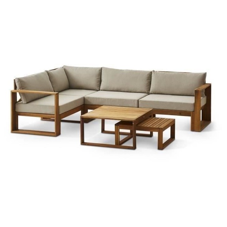 Salon de jardin d'angle modulable LEVATA OTTOMAN - Bois d'acacia FSC - 6 personnes - Gris de lin + Housse incluse Salon de jardin d'angle modulable LEVATA OTTOMAN - Bois d'acacia FSC - 6 personnes - Gris de lin + Housse incluse