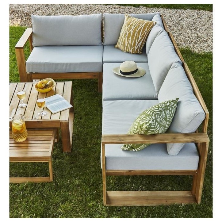 Salon de jardin d'angle modulable LEVATA OTTOMAN - Bois d'acacia FSC - 6 personnes - Gris de lin + Housse incluse Salon de jardin d'angle modulable LEVATA OTTOMAN - Bois d'acacia FSC - 6 personnes - Gris de lin + Housse incluse