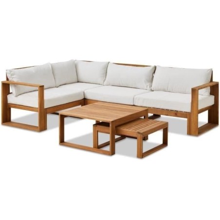 Salon de jardin d'angle modulable LEVATA OTTOMAN - Bois d'acacia FSC - 6 personnes - Blanc cassé + Housse incluse
