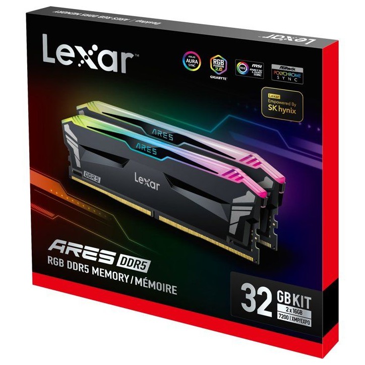 Barrette Mémoire - LEXAR Ares - DDR5 7200 - CL34 1.4 V - 32 Go (2x 16 Go) - Dissipateur thermique + RGB - Noir Barrette Mémoire - LEXAR Ares - DDR5 7200 - CL34 1.4 V - 32 Go (2x 16 Go) - Dissipateur thermique + RGB - Noir