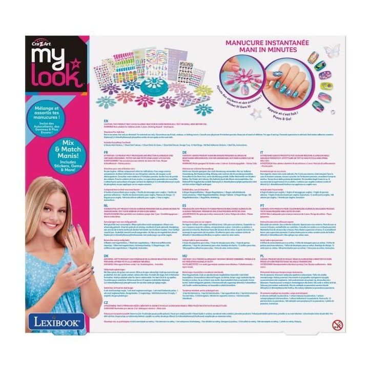 Kit de nail art stylé - Lexibook - Ongles a Presser avec Stickers, Cristaux et Bijoux - Manucure Facile Effet Salon - Des 8 ans