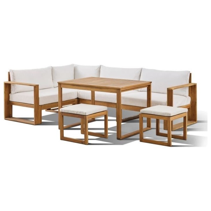 Salon de jardin d'angle modulable LEVATA DINING - Bois d'acacia FSC - 7 personnes - Blanc cassé + Housse incluse Salon de jardin d'angle modulable LEVATA DINING - Bois d'acacia FSC - 7 personnes - Blanc cassé + Housse incluse