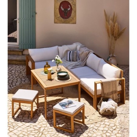 Salon de jardin d'angle modulable LEVATA DINING - Bois d'acacia FSC - 7 personnes - Blanc cassé + Housse incluse