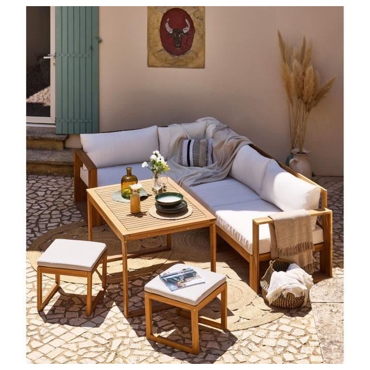 Salon de jardin d'angle modulable LEVATA DINING - Bois d'acacia FSC - 7 personnes - Blanc cassé + Housse incluse Salon de jardin d'angle modulable LEVATA DINING - Bois d'acacia FSC - 7 personnes - Blanc cassé + Housse incluse