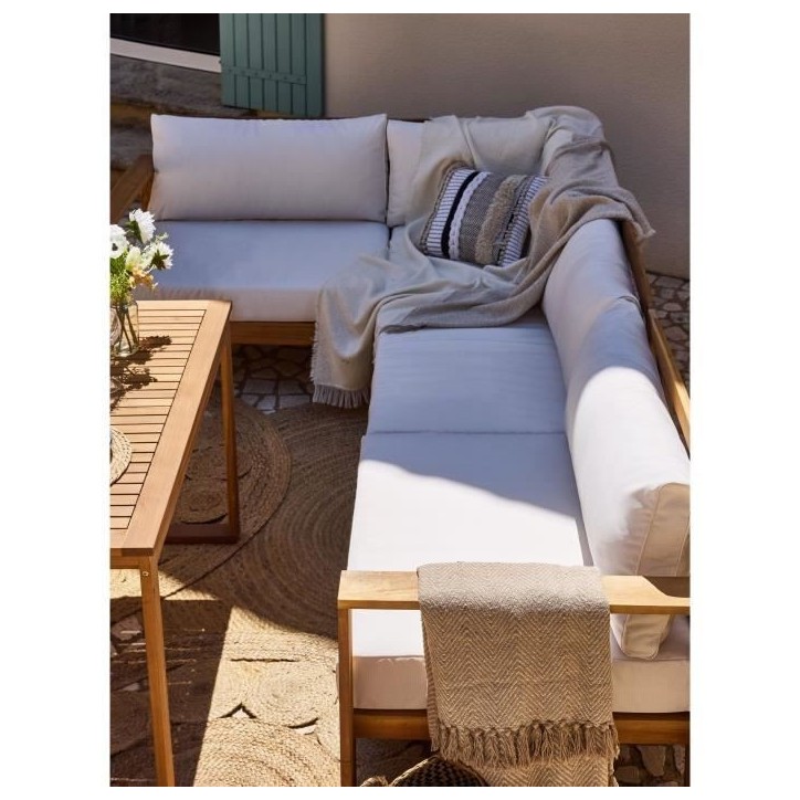 Salon de jardin d'angle modulable LEVATA DINING - Bois d'acacia FSC - 7 personnes - Blanc cassé + Housse incluse Salon de jardin d'angle modulable LEVATA DINING - Bois d'acacia FSC - 7 personnes - Blanc cassé + Housse incluse