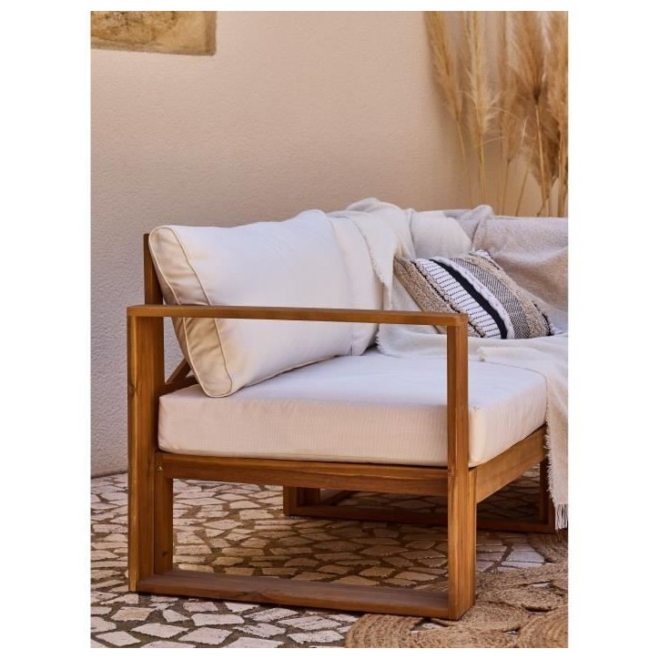 Salon de jardin d'angle modulable LEVATA DINING - Bois d'acacia FSC - 7 personnes - Blanc cassé + Housse incluse Salon de jardin d'angle modulable LEVATA DINING - Bois d'acacia FSC - 7 personnes - Blanc cassé + Housse incluse