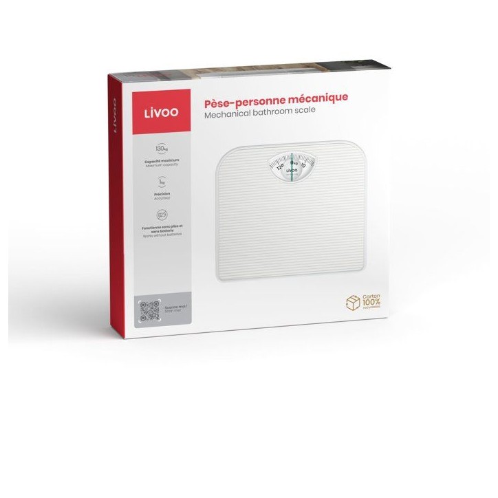 Pese-personne mécanique - LIVOO - DOM491 - Sans piles - Capacité 130 kg - Plateau antidérapant