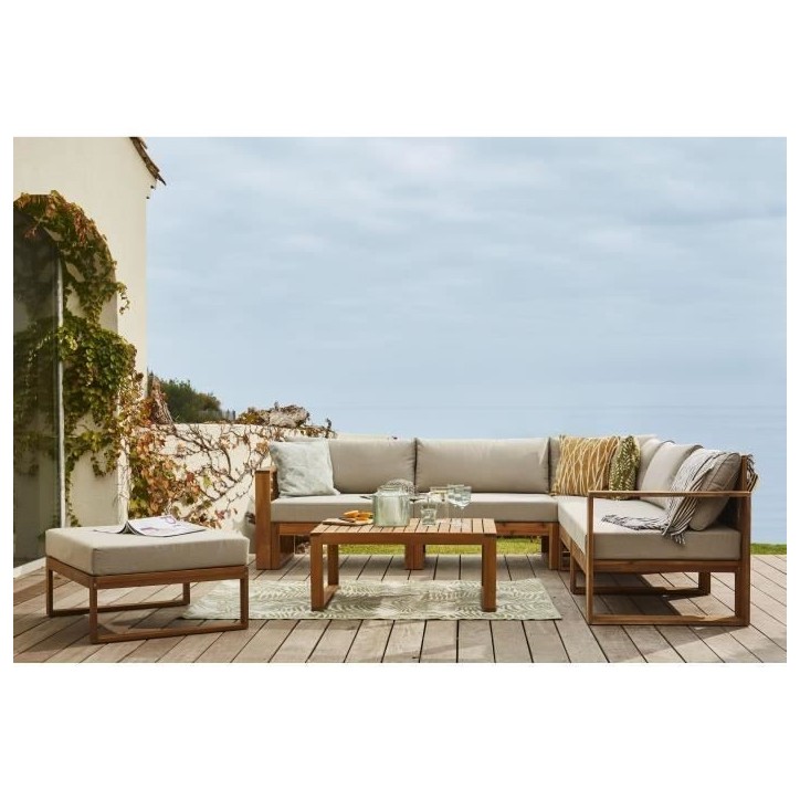 Salon de jardin d'angle modulable LEVATA XL - Bois d'acacia FSC - 8 personnes - Gris de lin + Housse incluse Salon de jardin d'angle modulable LEVATA XL - Bois d'acacia FSC - 8 personnes - Gris de lin + Housse incluse