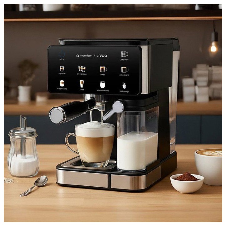 Machine a café expresso multifonction - LIVOO x Marmiton - DOD222CO - Pression 20 bars - 1350 W - Noir et inox