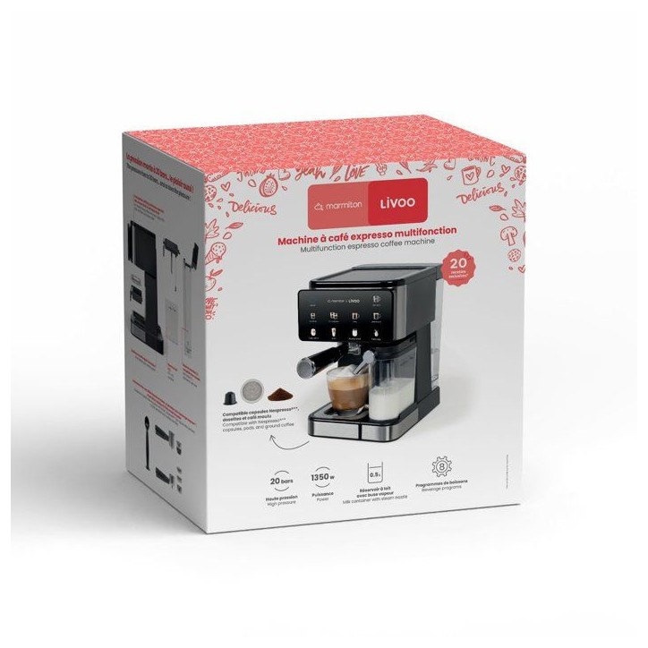 Machine a café expresso multifonction - LIVOO x Marmiton - DOD222CO - Pression 20 bars - 1350 W - Noir et inox