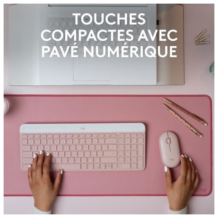 Ensemble Clavier Souris - Sans fil - Logitech - MK470 Slim - Silencieux - AZERTY - Rose