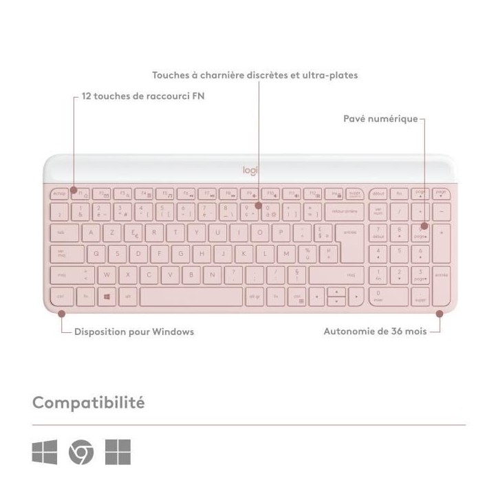 Ensemble Clavier Souris - Sans fil - Logitech - MK470 Slim - Silencieux - AZERTY - Rose