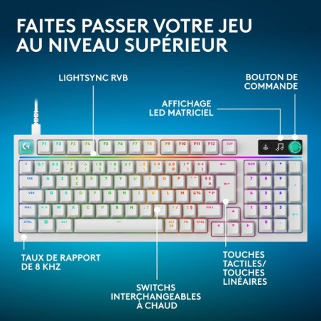 Clavier gamer - Filaire - Logitech G - G316 X 98 - AZERTY - USB-C - RVB Lightsync - Blanc