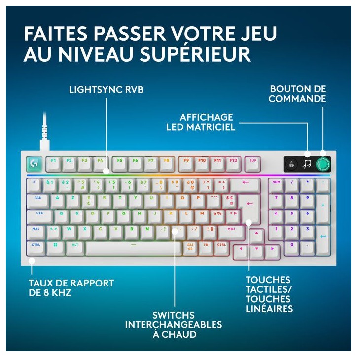 Clavier gamer - Filaire - Logitech G - G316 X 98 - AZERTY - USB-C - RVB Lightsync - Blanc Clavier gamer - Filaire - Logitech G - G316 X 98 - AZERTY - USB-C - RVB Lightsync - Blanc