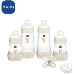 Coffret Naissance - MAM - 4 Biberons + 1 Sucette + 1 Boîte doseuse - Sable