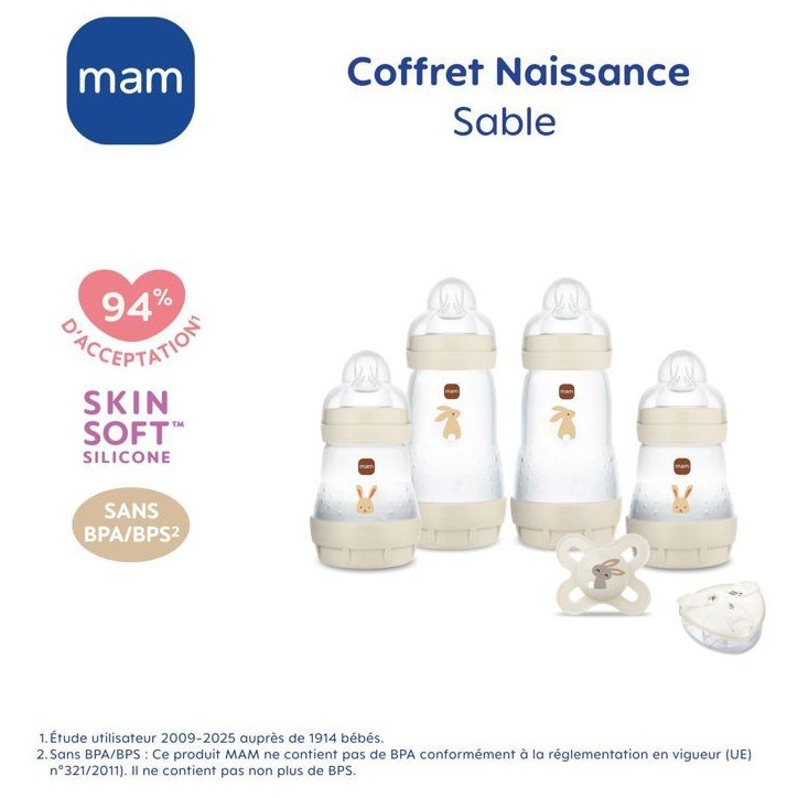 Coffret Naissance - MAM - 4 Biberons + 1 Sucette + 1 Boîte doseuse - Sable Coffret Naissance - MAM - 4 Biberons + 1 Sucette + 1 Boîte doseuse - Sable