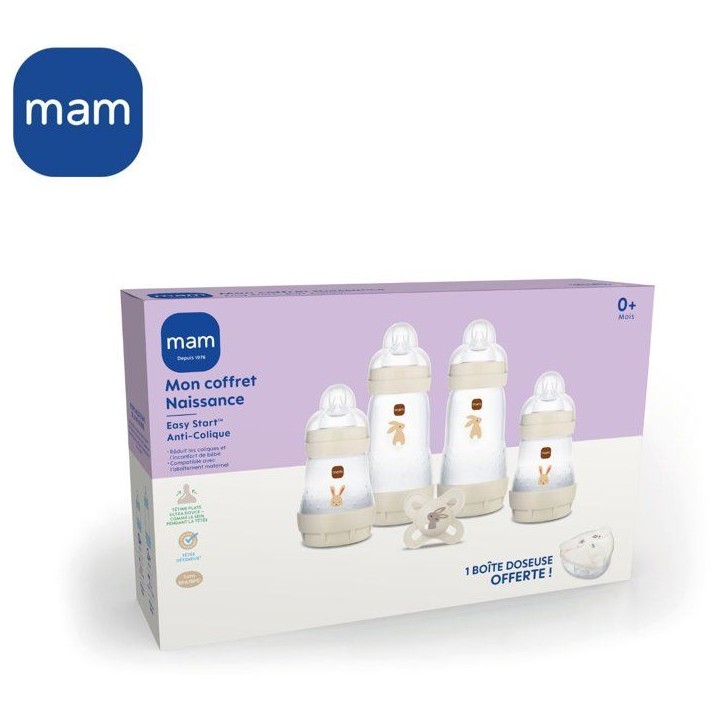 Coffret Naissance - MAM - 4 Biberons + 1 Sucette + 1 Boîte doseuse - Sable Coffret Naissance - MAM - 4 Biberons + 1 Sucette + 1 Boîte doseuse - Sable