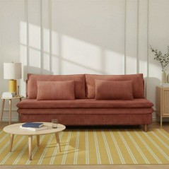 Canapé convertible - 3 places - MASSA - Tissu velours côtelé terracotta - Pieds bois massif - L 195 x H 82 x P 86 cm