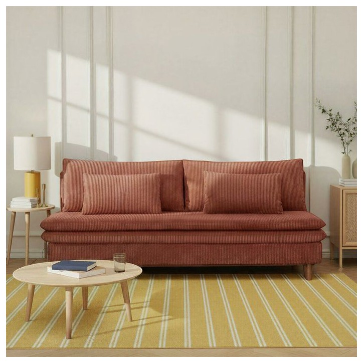 Canapé convertible - 3 places - MASSA - Tissu velours côtelé terracotta - Pieds bois massif - L 195 x H 82 x P 86 cm Canapé convertible - 3 places - MASSA - Tissu velours côtelé terracotta - Pieds bois massif - L 195 x H 82 x P 86 cm