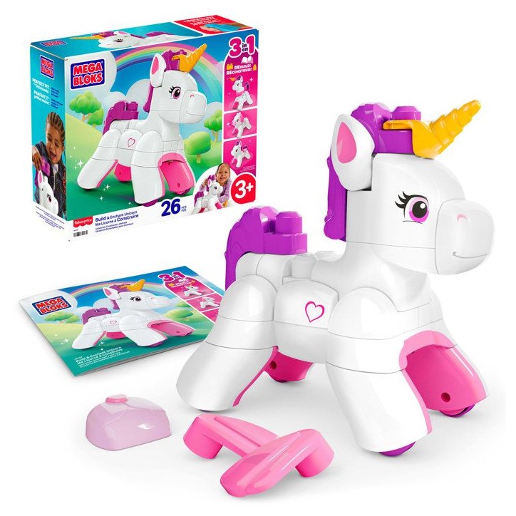 MEGA BLOKS - Ma Licorne a Construire - Plastique - 26 pieces - Des 3 ans - Coffret 3 en 1 avec notice