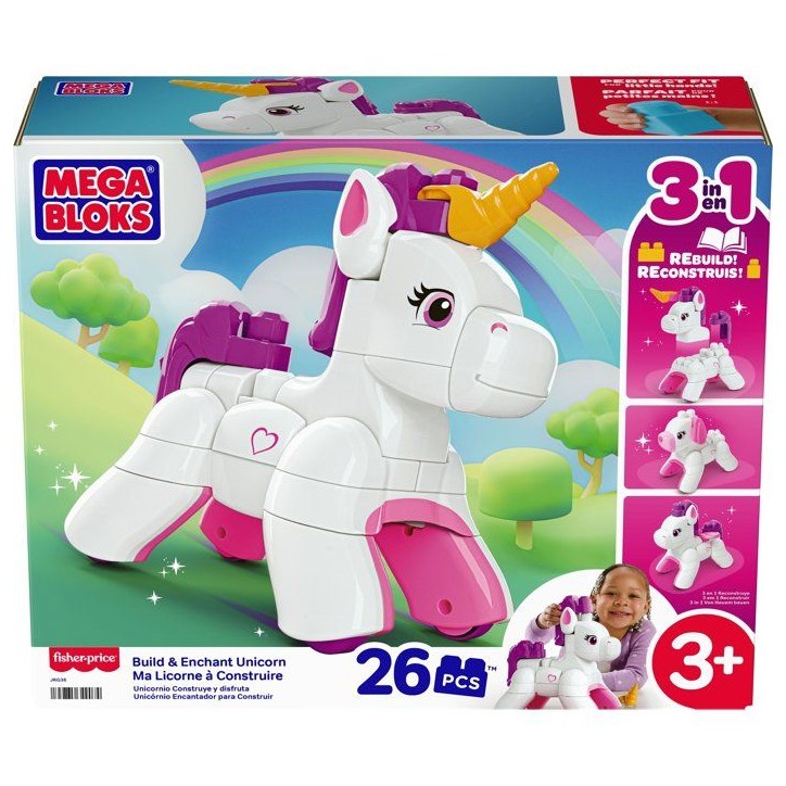 MEGA BLOKS - Ma Licorne a Construire - Plastique - 26 pieces - Des 3 ans - Coffret 3 en 1 avec notice