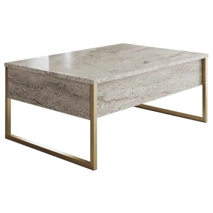 Table basse - LUXE - Travertine Gold - Rectangulaire - Panneaux mélaminés et métal - Travertin et doré - Style luxueux - 90x