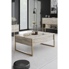 Table basse - LUXE - Travertine Gold - Rectangulaire - Panneaux mélaminés et métal - Travertin et doré - Style luxueux - 90x