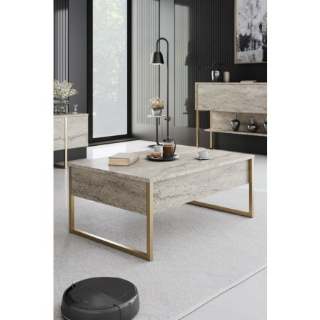 Table basse - LUXE - Travertine Gold - Rectangulaire - Panneaux mélaminés et métal - Travertin et doré - Style luxueux - 90x
