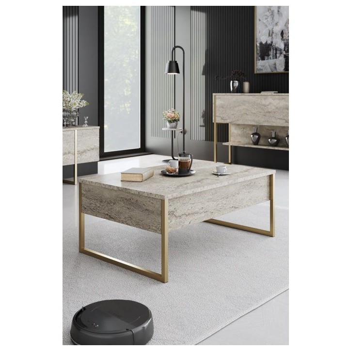 Table basse - LUXE - Travertine Gold - Rectangulaire - Panneaux mélaminés et métal - Travertin et doré - Style luxueux - 90x