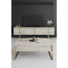 Table basse - LUXE - Travertine Gold - Rectangulaire - Panneaux mélam