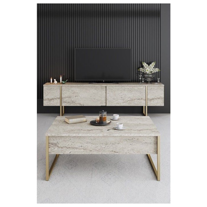 Table basse - LUXE - Travertine Gold - Rectangulaire - Panneaux mélaminés et métal - Travertin et doré - Style luxueux - 90x