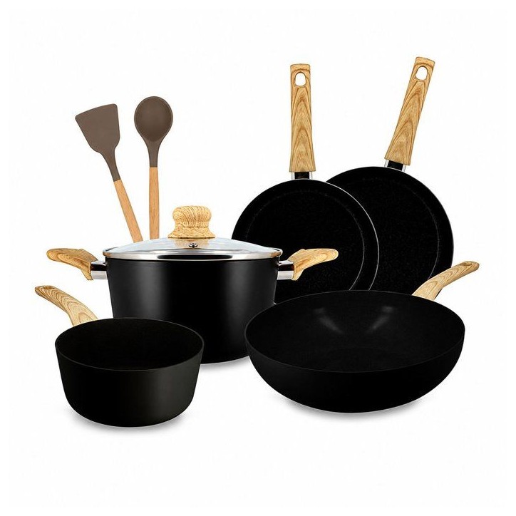 Batterie de cuisine induction - MENASTYL - Colorama Noir - Aluminium recyclé - Revetement antiadhésif - 9 pieces - Design mode Batterie de cuisine induction - MENASTYL - Colorama Noir - Aluminium recyclé - Revetement antiadhésif - 9 pieces - Design mode
