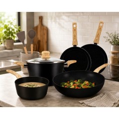 Batterie de cuisine induction - MENASTYL - Colorama Noir - Aluminium recyclé - Revetement antiadhésif - 9 pieces - Design mode