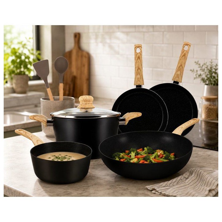 Batterie de cuisine induction - MENASTYL - Colorama Noir - Aluminium recyclé - Revetement antiadhésif - 9 pieces - Design mode Batterie de cuisine induction - MENASTYL - Colorama Noir - Aluminium recyclé - Revetement antiadhésif - 9 pieces - Design mode