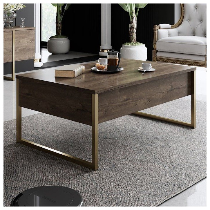 Table basse - LUXE - Walnut Gold - Rectangulaire - Panneaux mélaminés et métal - Noyer et doré - Style chic - 90x60x40 cm Table basse - LUXE - Walnut Gold - Rectangulaire - Panneaux mélaminés et métal - Noyer et doré - Style chic - 90x60x40 cm