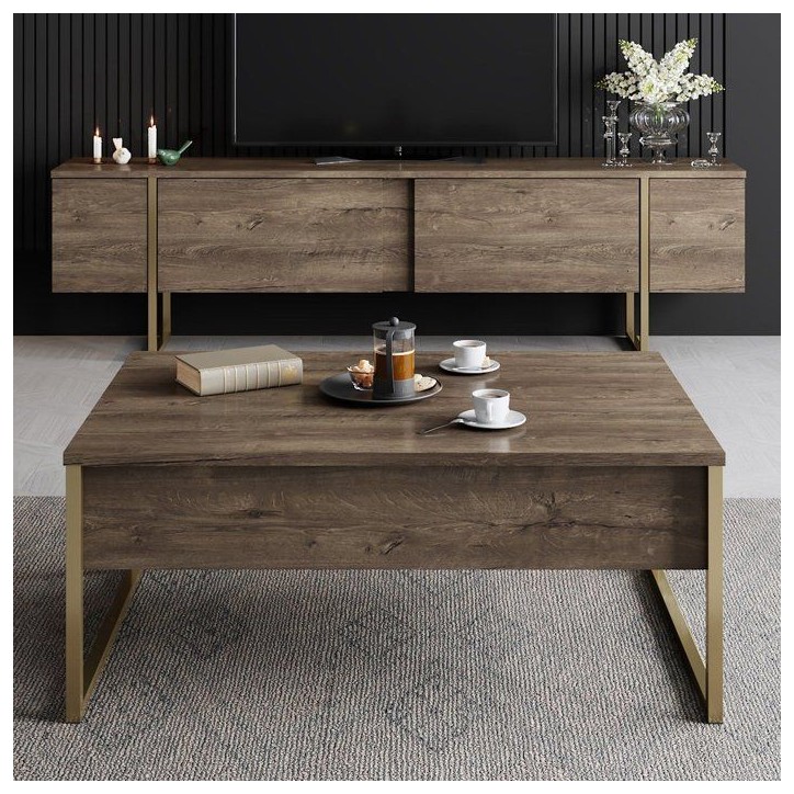 Table basse - LUXE - Walnut Gold - Rectangulaire - Panneaux mélaminés et métal - Noyer et doré - Style chic - 90x60x40 cm Table basse - LUXE - Walnut Gold - Rectangulaire - Panneaux mélaminés et métal - Noyer et doré - Style chic - 90x60x40 cm