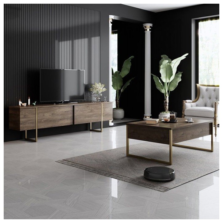 Table basse - LUXE - Walnut Gold - Rectangulaire - Panneaux mélaminés et métal - Noyer et doré - Style chic - 90x60x40 cm Table basse - LUXE - Walnut Gold - Rectangulaire - Panneaux mélaminés et métal - Noyer et doré - Style chic - 90x60x40 cm