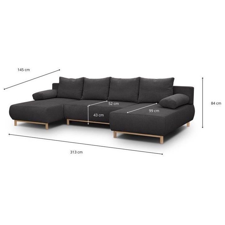 Canapé convertible avec coffre - 6 places - Velours côtelé - Gris anthracite - Style Scandinave - L 313 x H 84 x P 145 cm - M