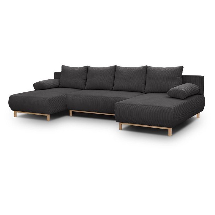 Canapé convertible avec coffre - 6 places - Velours côtelé - Gris anthracite - Style Scandinave - L 313 x H 84 x P 145 cm - M