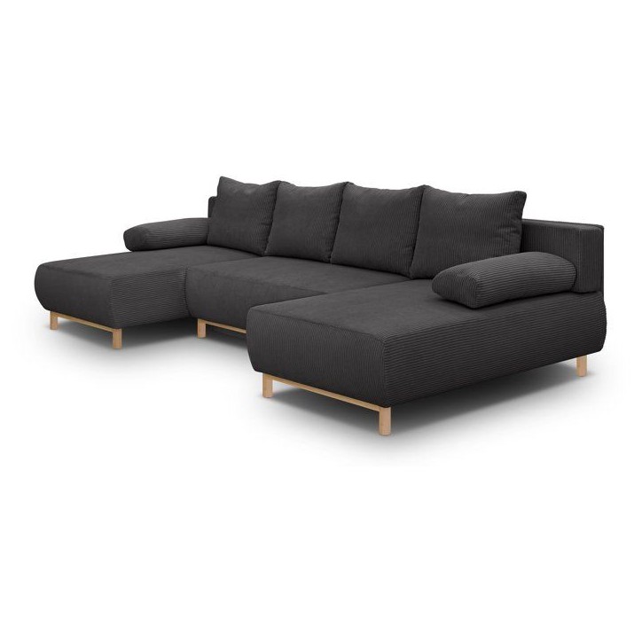 Canapé convertible avec coffre - 6 places - Velours côtelé - Gris anthracite - Style Scandinave - L 313 x H 84 x P 145 cm - M