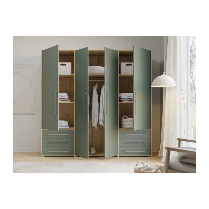 Armoire de chambre - MOKKARO - Décor Vert Sauge et chene - 4 portes b