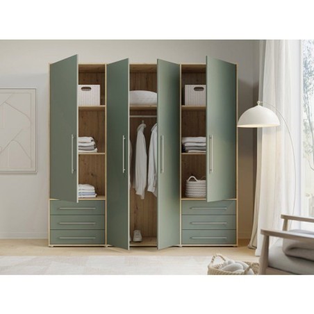 Armoire de chambre - MOKKARO - Décor Vert Sauge et chene - 4 portes b