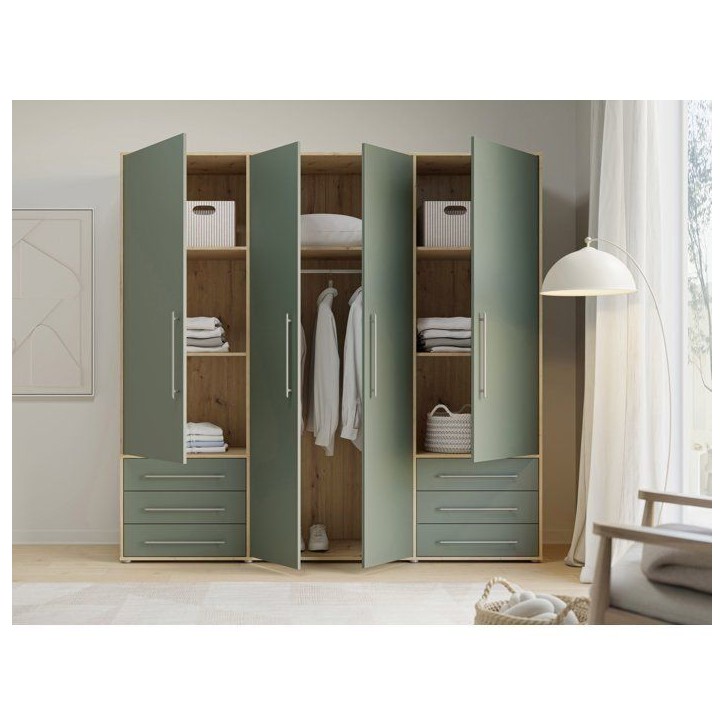 Armoire de chambre - MOKKARO - Décor Vert Sauge et chene - 4 portes battantes - 6 tiroirs - L205,9 x P53 x H200 cm