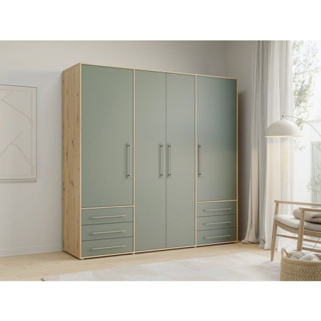 Armoire de chambre - MOKKARO - Décor Vert Sauge et chene - 4 portes battantes - 6 tiroirs - L205,9 x P53 x H200 cm