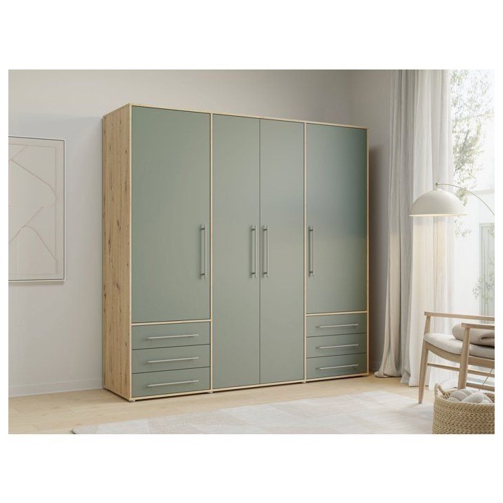 Armoire de chambre - MOKKARO - Décor Vert Sauge et chene - 4 portes battantes - 6 tiroirs - L205,9 x P53 x H200 cm