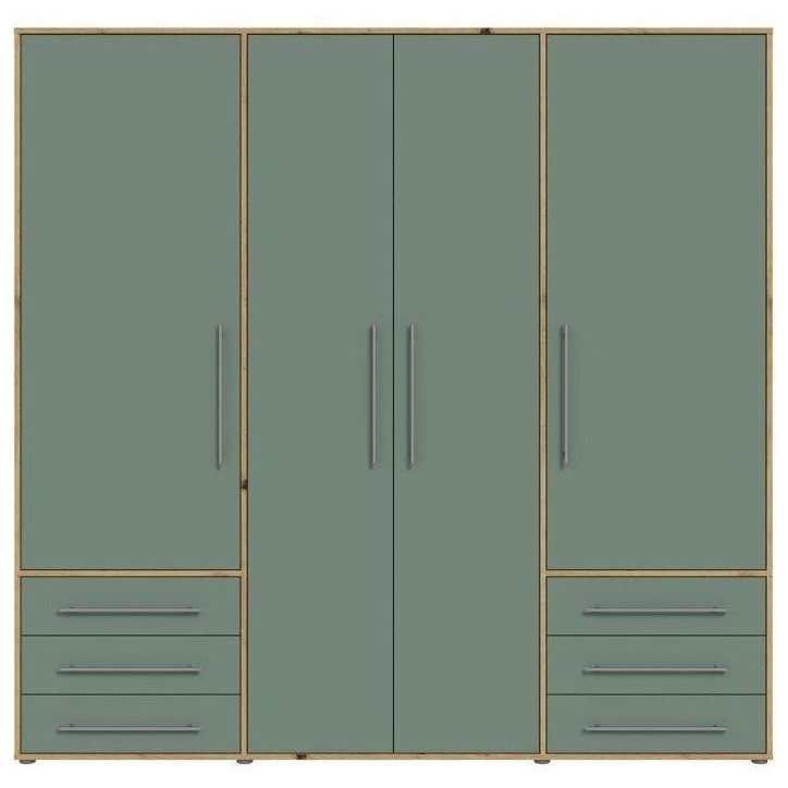 Armoire de chambre - MOKKARO - Décor Vert Sauge et chene - 4 portes battantes - 6 tiroirs - L205,9 x P53 x H200 cm