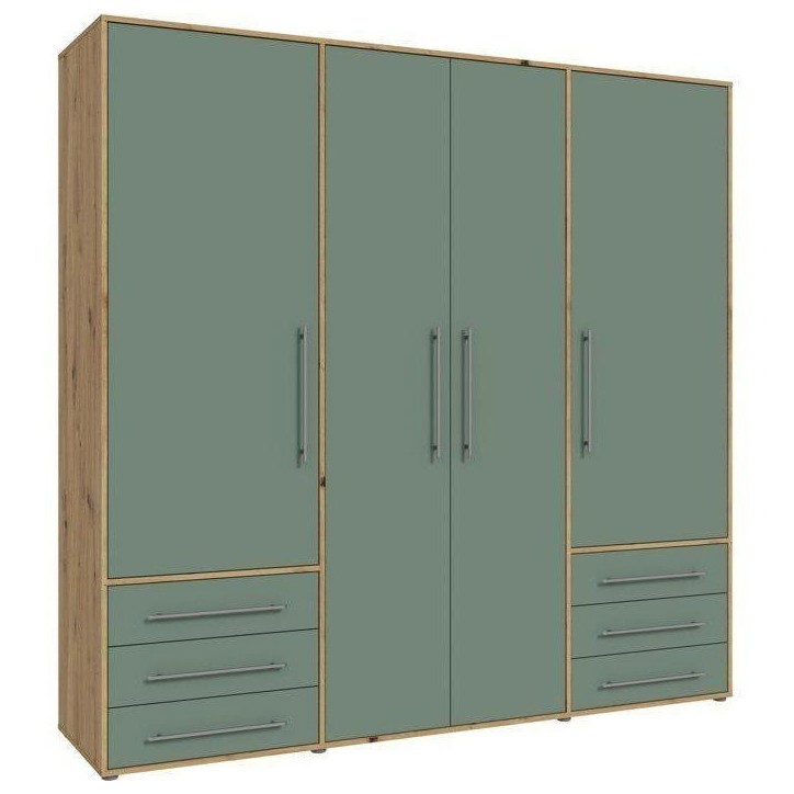 Armoire de chambre - MOKKARO - Décor Vert Sauge et chene - 4 portes battantes - 6 tiroirs - L205,9 x P53 x H200 cm