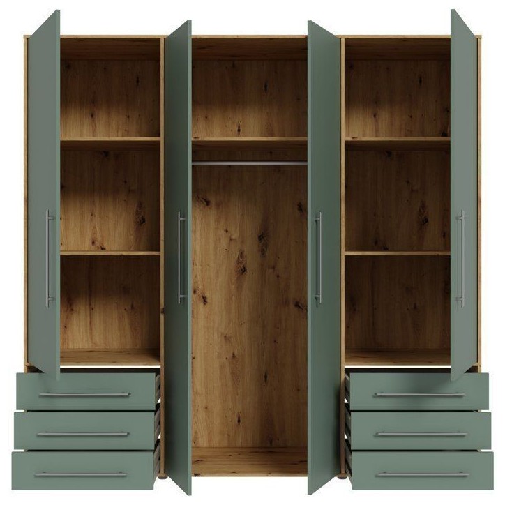 Armoire de chambre - MOKKARO - Décor Vert Sauge et chene - 4 portes battantes - 6 tiroirs - L205,9 x P53 x H200 cm