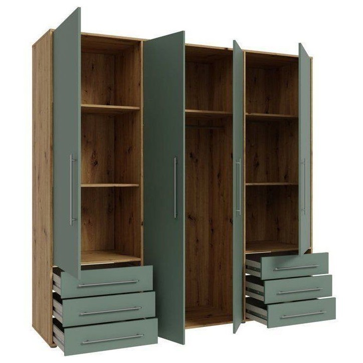 Armoire de chambre - MOKKARO - Décor Vert Sauge et chene - 4 portes battantes - 6 tiroirs - L205,9 x P53 x H200 cm