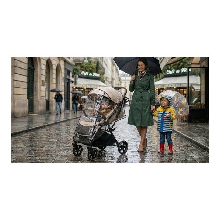 NANIA - Poussette canne compacte - Lexy - Pack complet (protege-jambes + habillage pluie) - 4 roues - Beige